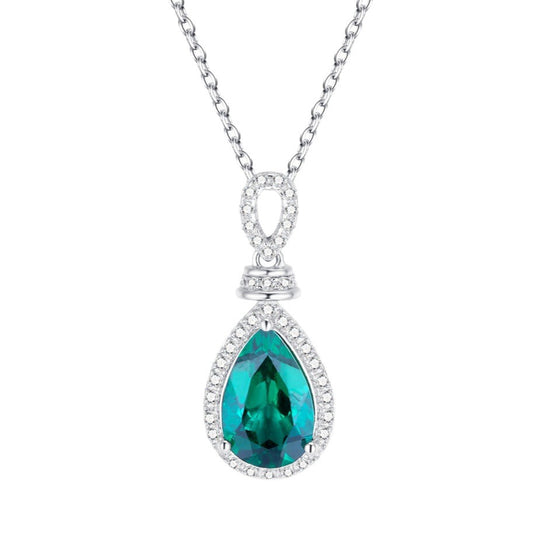 S925 Sterling Silver Lab Emerald Teardrop Halo Pendant Choker, Premium Elegant - Photo 5