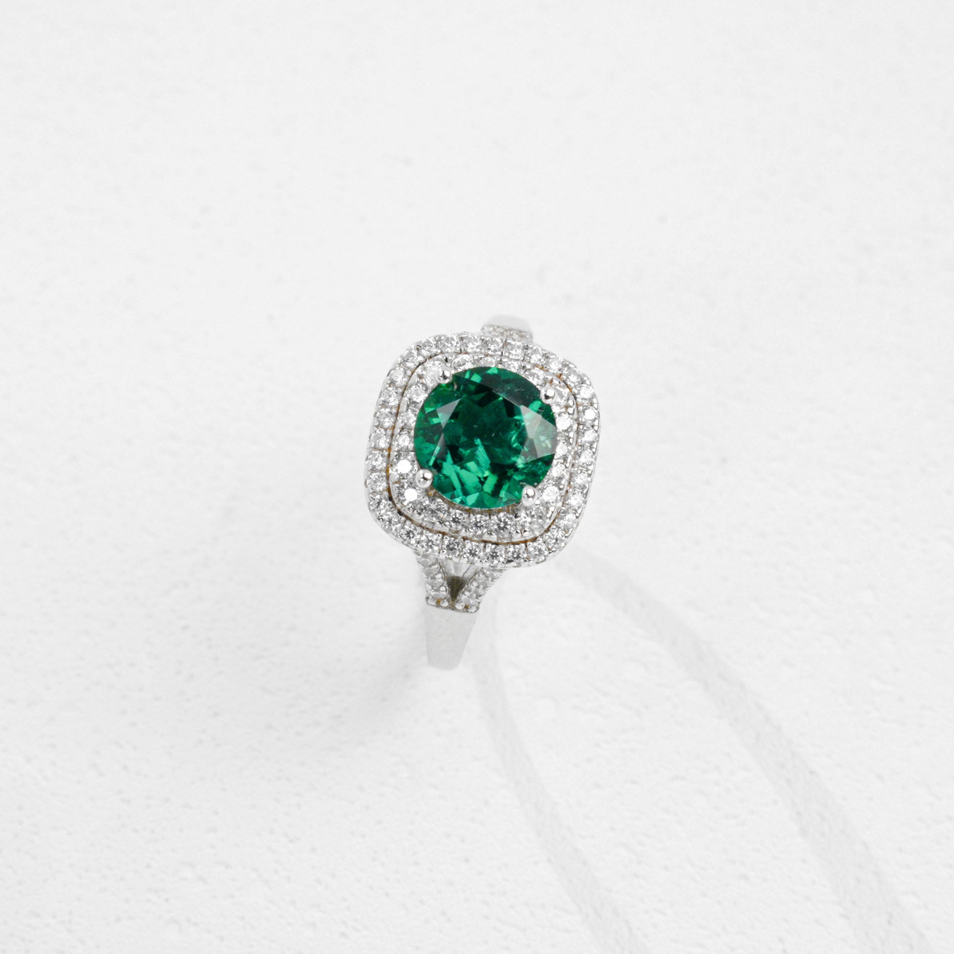S925 Sterling Silver Lab Emerald Ring Double-Layer Full Diamond Halo Adjustable, Gift - Photo 2