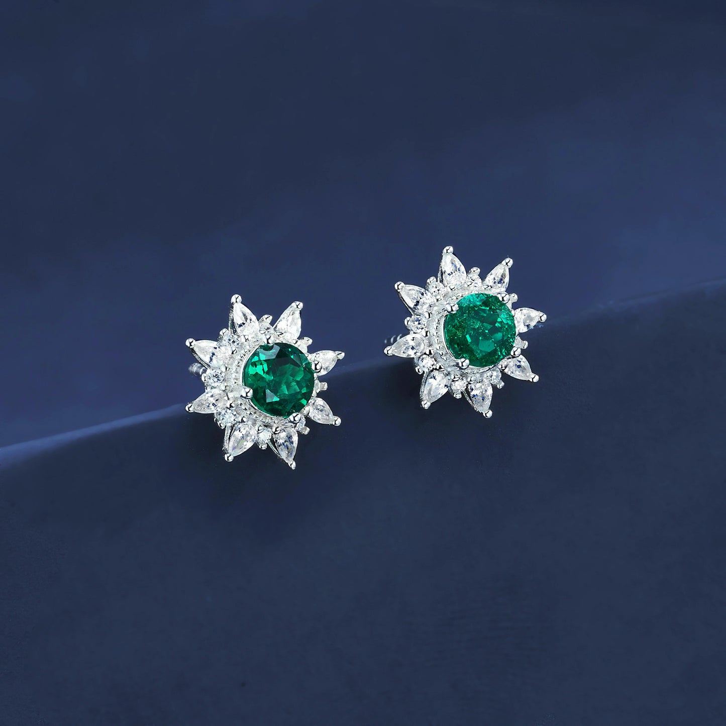 925 Sterling Silver Lab Emerald Sunflower Halo Earrings, Vintage Gift - Photo 3