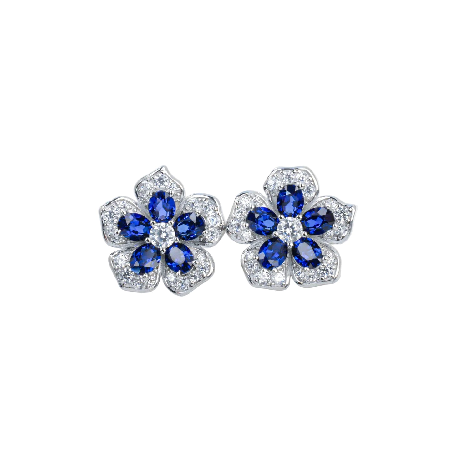 Lab Sapphire S925 Silver Flower Stud Earrings, Vintage Premium - Photo 5