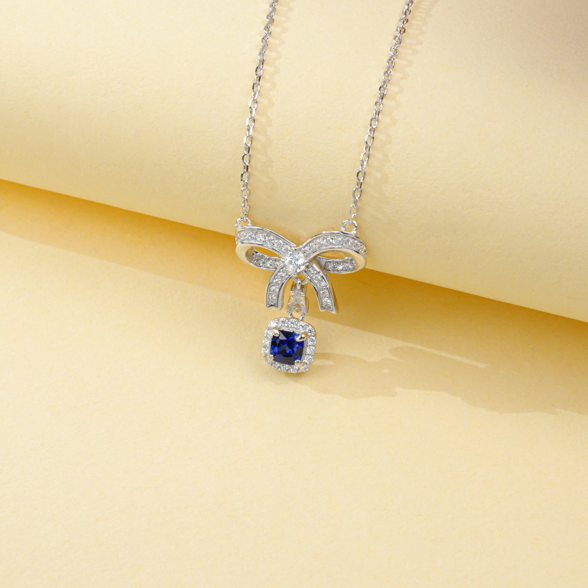 925 Sterling Silver Lab Sapphire Bowknot Cushion Pave Choker Necklace, Premium - Photo 3