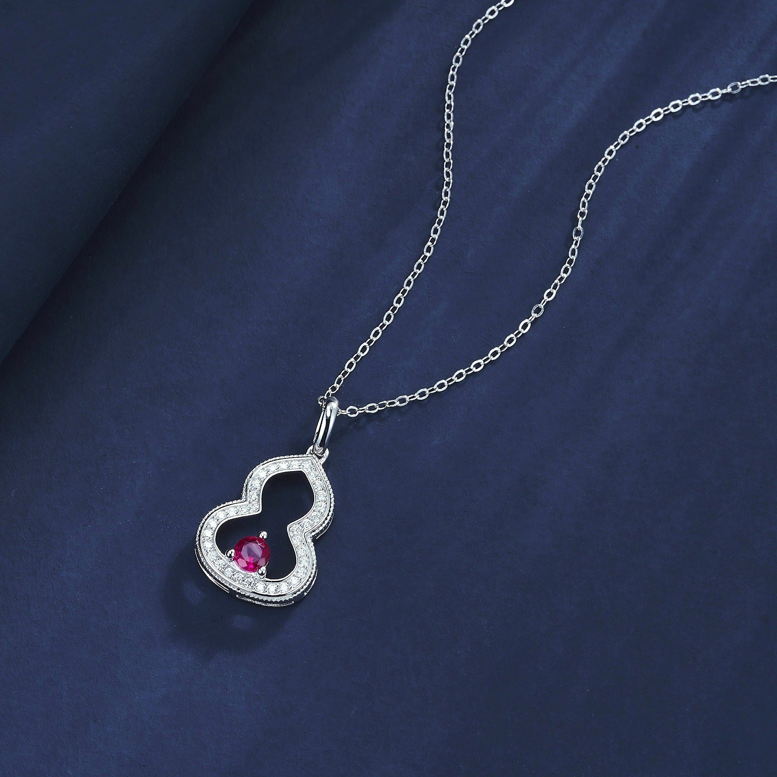 S925 Sterling Silver Lab Ruby Gourd Hollow Pendant Necklace, Chinese Style Versatile - Photo 4