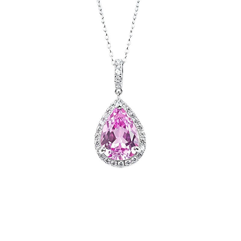 S925 Silver Pear Teardrop Lab Pink Gemstone Halo Necklace, Evening Pendant Birthday - Photo 5