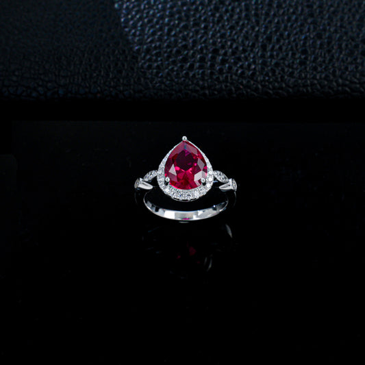 Teardrop Lab Ruby Ring 925 Silver Diamond Design, Premium Proposal Engagement - Photo 2