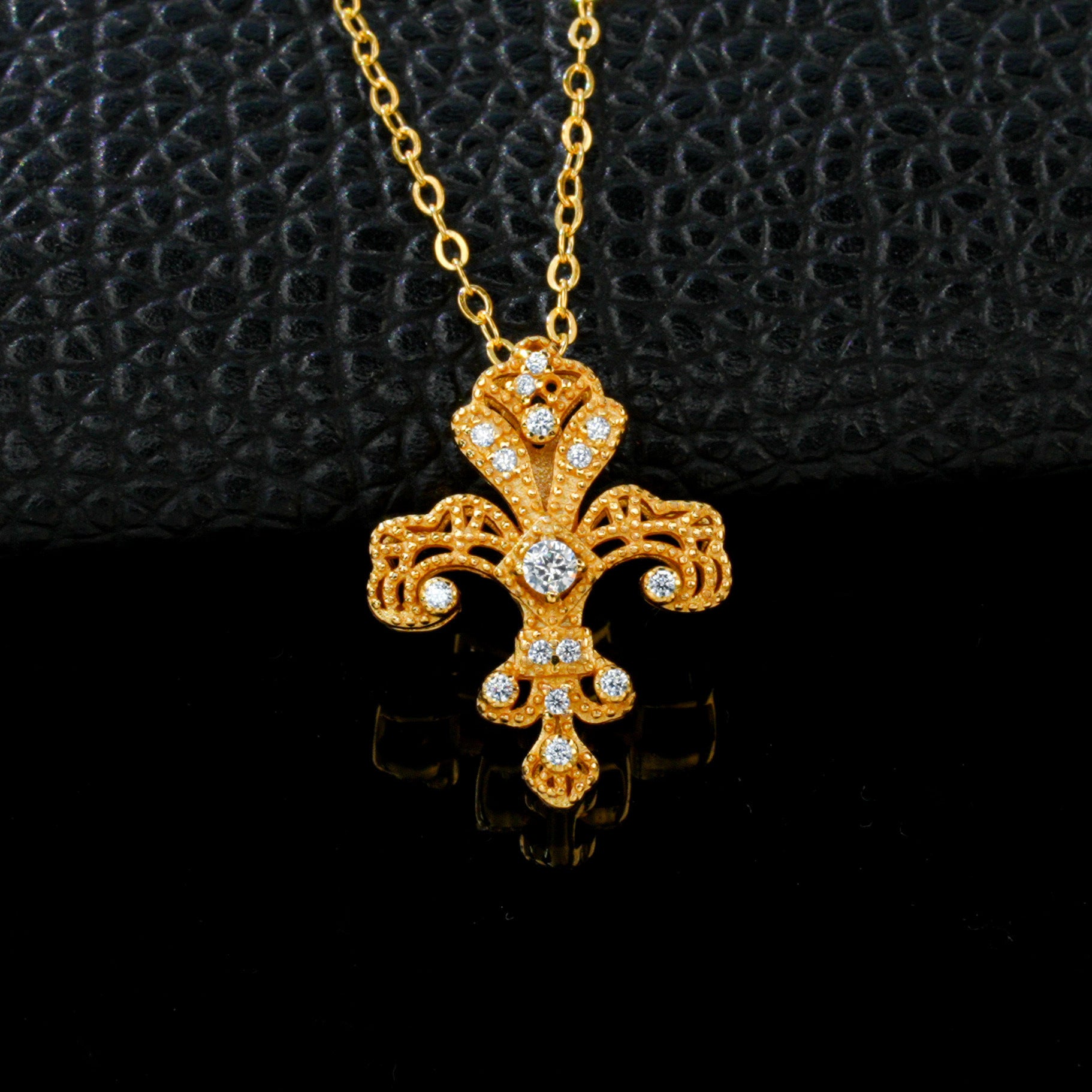 925 Sterling Silver 24K Yellow Gold Vintage Iris Hollow Carved Pave Necklace - Photo 6