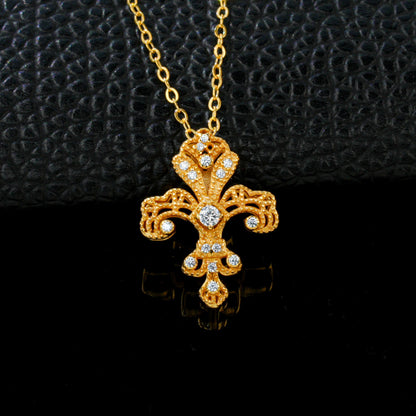 925 Sterling Silver 24K Yellow Gold Vintage Iris Hollow Carved Pave Necklace - Photo 6