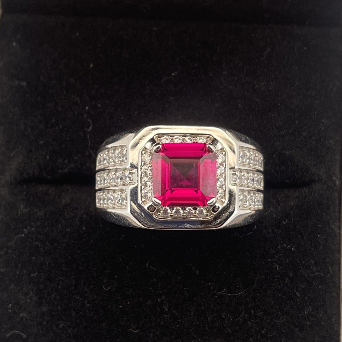 925 Sterling Silver Lab Ruby Men's Pave Square Ring - Photo 3