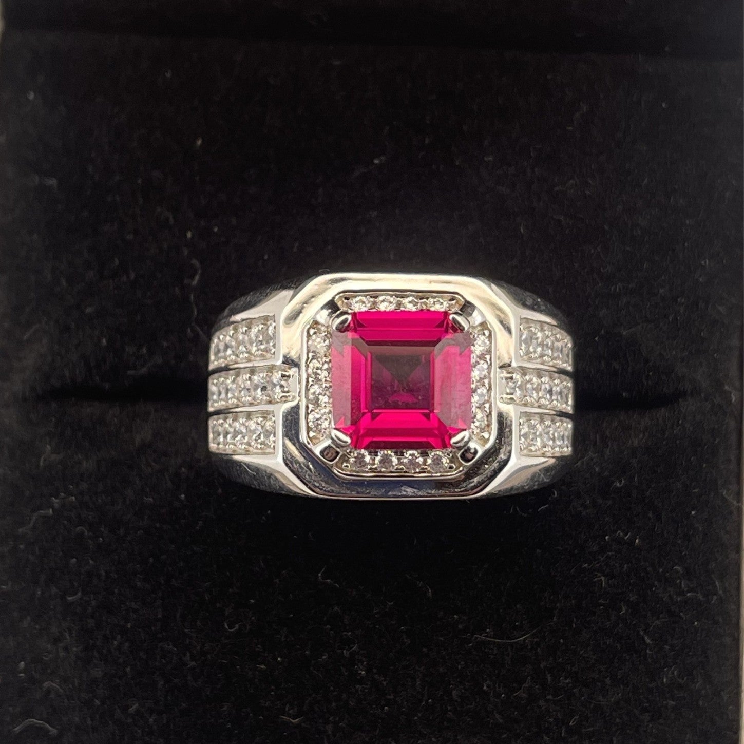 925 Sterling Silver Lab Ruby Men's Pave Square Ring - Photo 3