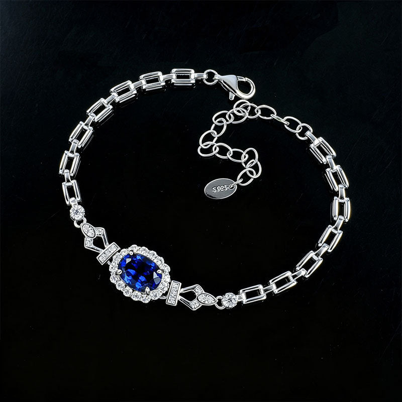 S925 Silver Oval Lab Sapphire Bracelet, Full Diamond Halo - Photo 3