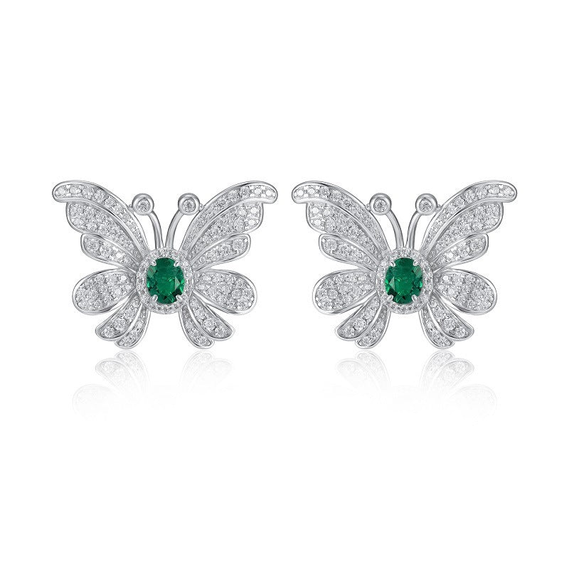 Lab Emerald S925 Silver Stud Earrings, Butterfly Vintage Premium - Photo 4