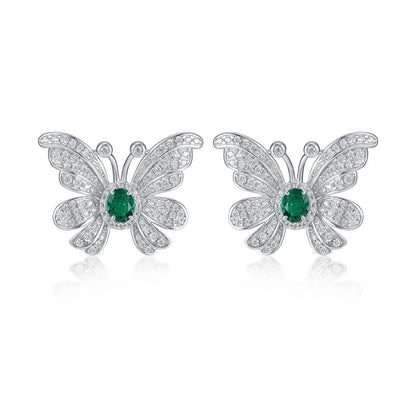 Lab Emerald S925 Silver Stud Earrings, Butterfly Vintage Premium - Photo 4