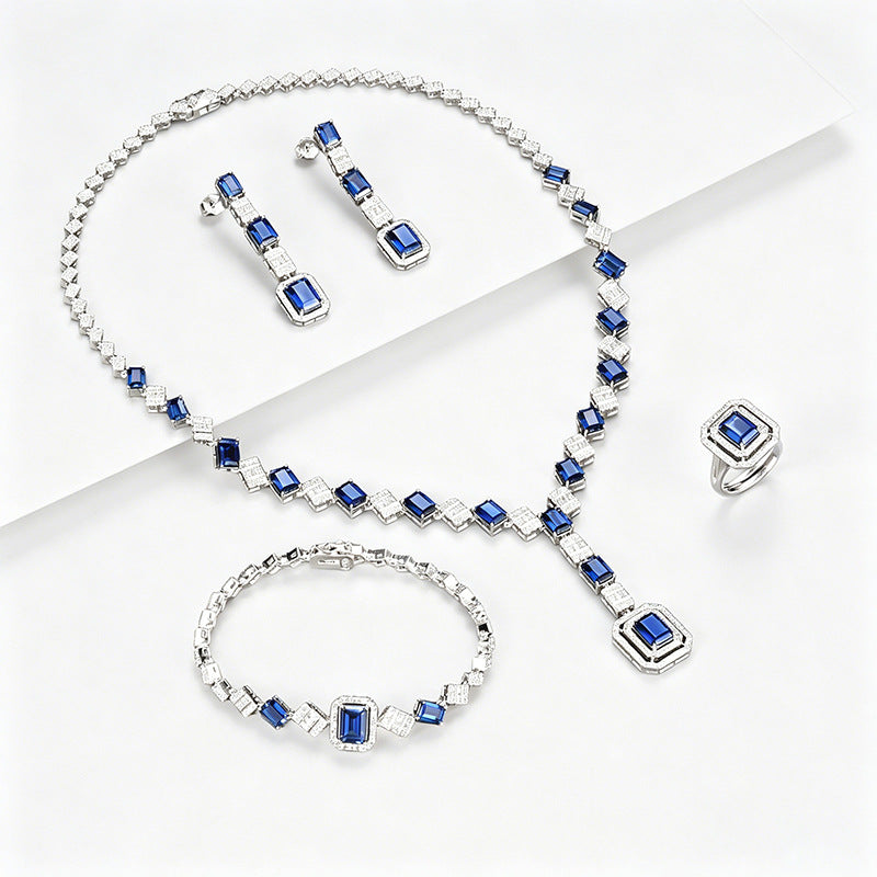 925 Sterling Silver Lab Sapphire 4-Piece Jewellery Set, Vintage Luxurious Wedding for Women - Photo 6