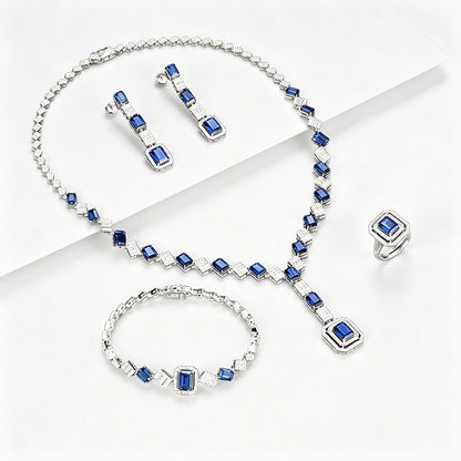 925 Sterling Silver Lab Sapphire 4-Piece Jewellery Set, Vintage Luxurious Wedding for Women - Photo 6