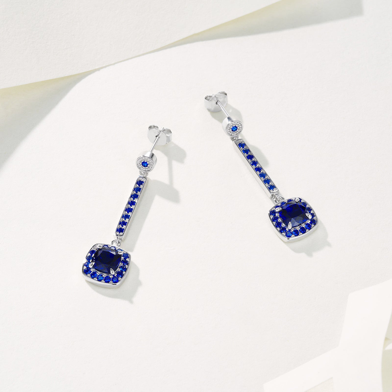 S925 Sterling Silver coloured Gemstone Sugarloaf Long Drop Earrings, Cushion Pave Premium - Photo 2