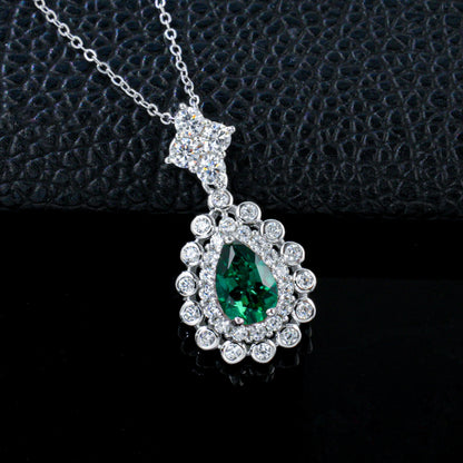 S925 Silver Teardrop Lab Emerald Double-Layer Halo Pendant Necklace, Palace Evening - Photo 2