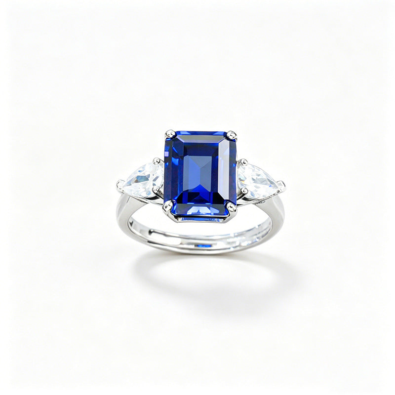 925 Sterling Silver Lab Sapphire Three-Stone Closed Ring, Vintage Premium - Photo 5