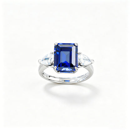 925 Sterling Silver Lab Sapphire Three-Stone Closed Ring, Vintage Premium - Photo 5