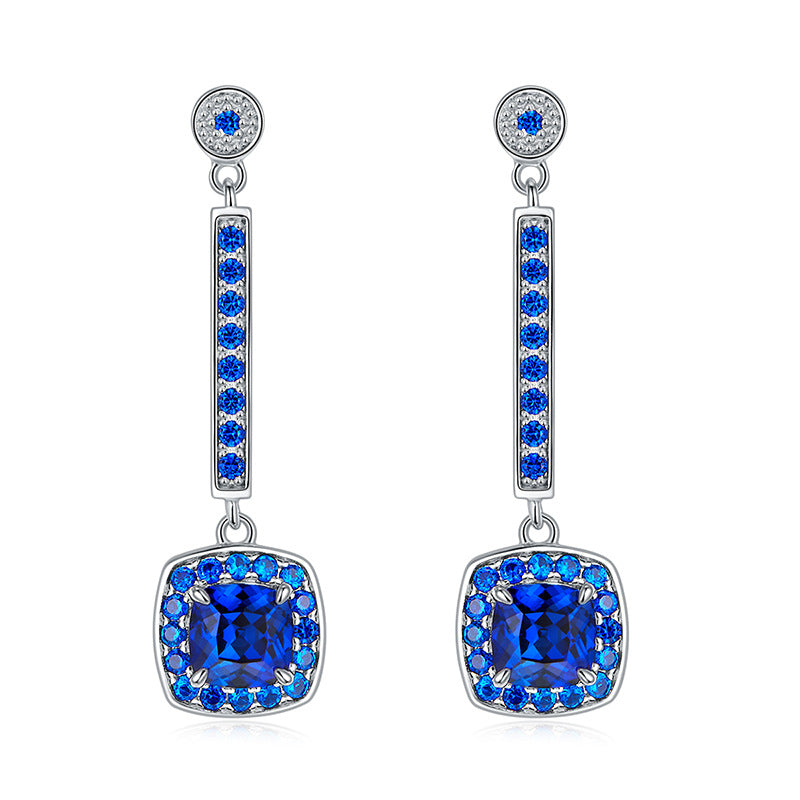 S925 Sterling Silver coloured Gemstone Sugarloaf Long Drop Earrings, Cushion Pave Premium - Photo 6
