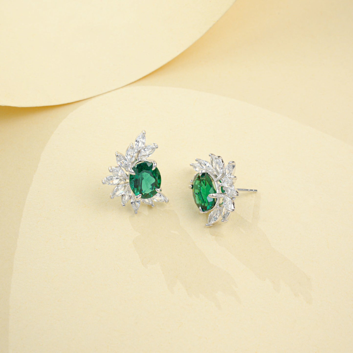 S925 Silver Oval Lab Emerald Marquise Diamond Halo Women's Earrings - Photo 4