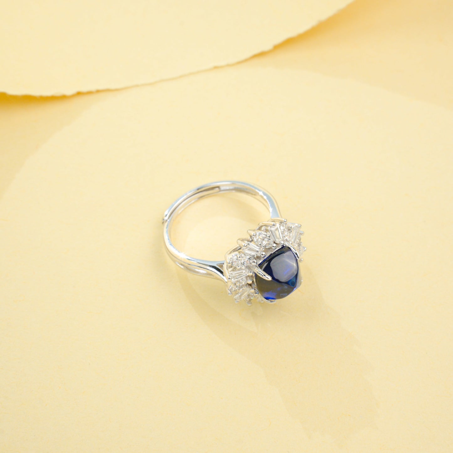 S925 Sterling Silver Lab Sapphire Sugar-Loaf Adjustable Ring, Designer - Photo 4
