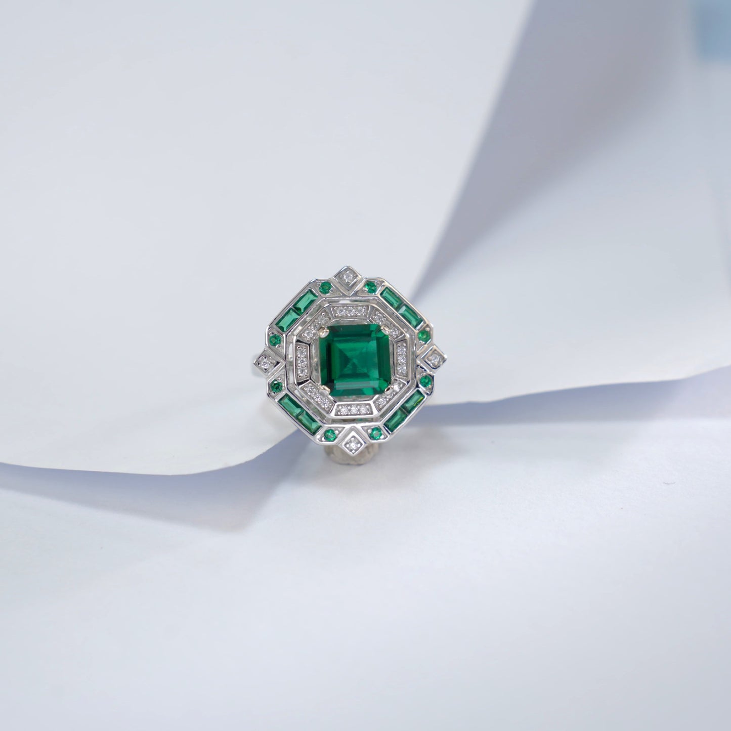 S925 Silver Multi-Layer Halo Lab Emerald Ring, Vintage Engagement - Photo 2