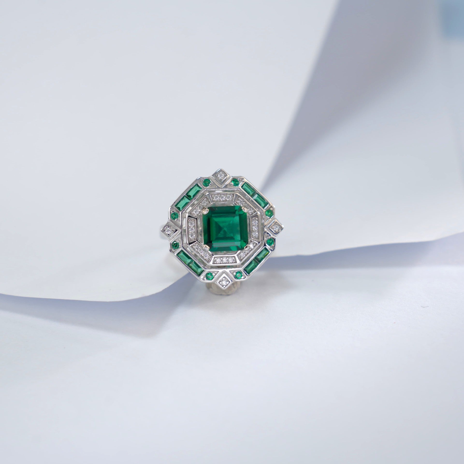 S925 Silver Multi-Layer Halo Lab Emerald Ring, Vintage Engagement - Photo 2