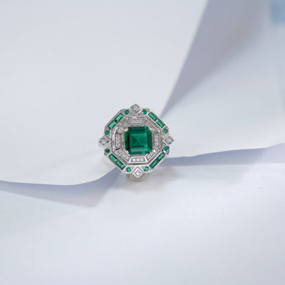 S925 Silver Multi-Layer Halo Lab Emerald Ring, Vintage Engagement - Photo 2