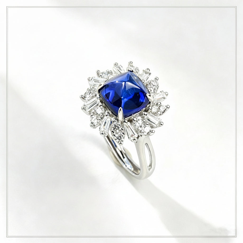 S925 Sterling Silver Lab Sapphire Sugar-Loaf Adjustable Ring, Designer - Photo 1