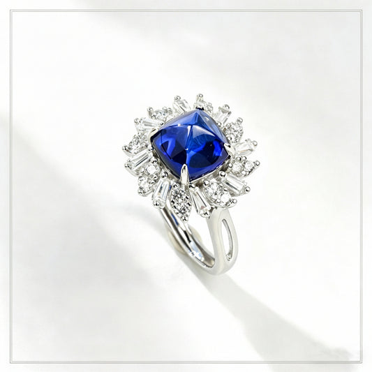 S925 Sterling Silver Lab Sapphire Sugar-Loaf Adjustable Ring, Designer - Photo 1