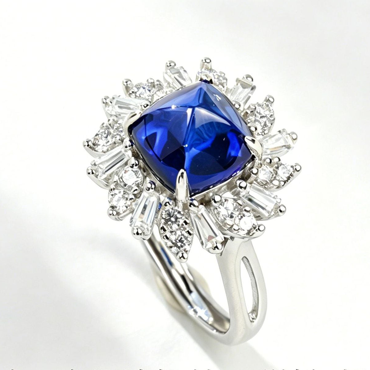 S925 Sterling Silver Sugarloaf-Cut Sapphire Ring, Adjustable Design - Photo 4
