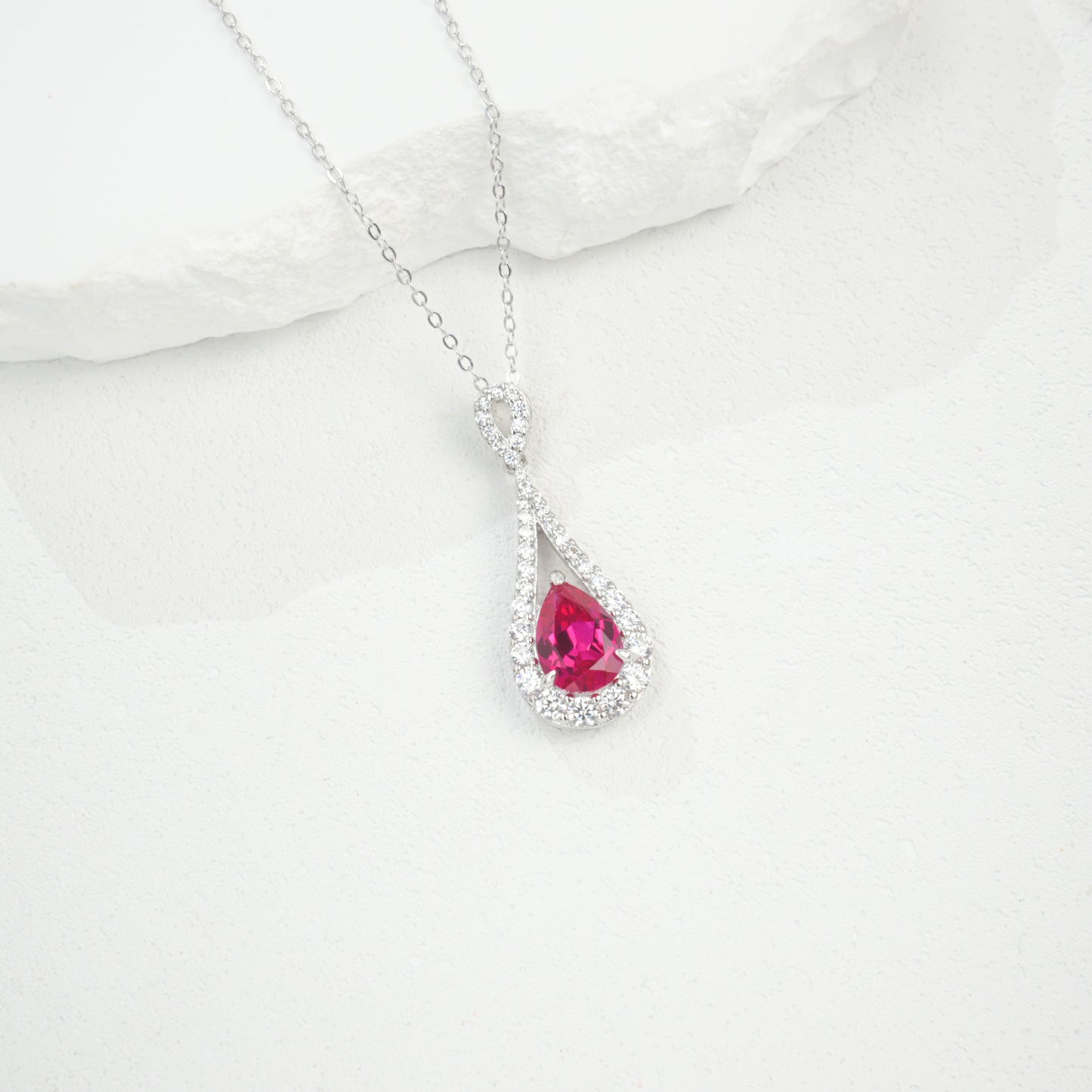 S925 Sterling Silver Lab Ruby Teardrop Necklace for Women, French - Photo 4