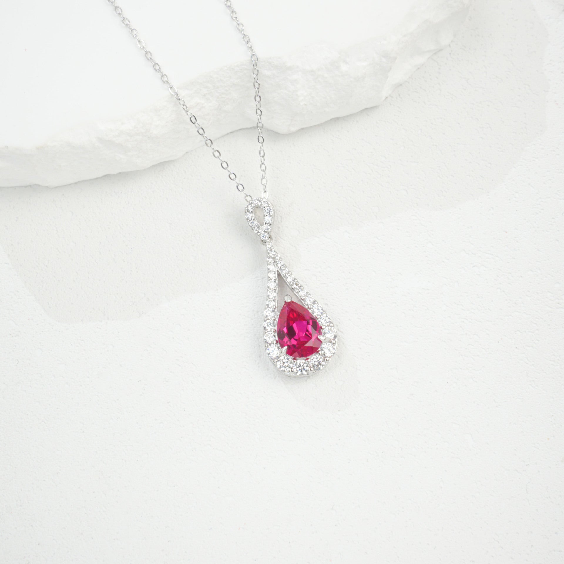 S925 Sterling Silver Lab Ruby Teardrop Necklace for Women, French - Photo 4