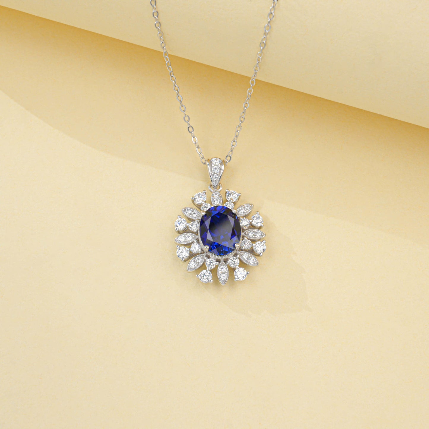 Luxurious Sapphire Halo Silver Choker, Sunflower Gemstone Pendant - Photo 1
