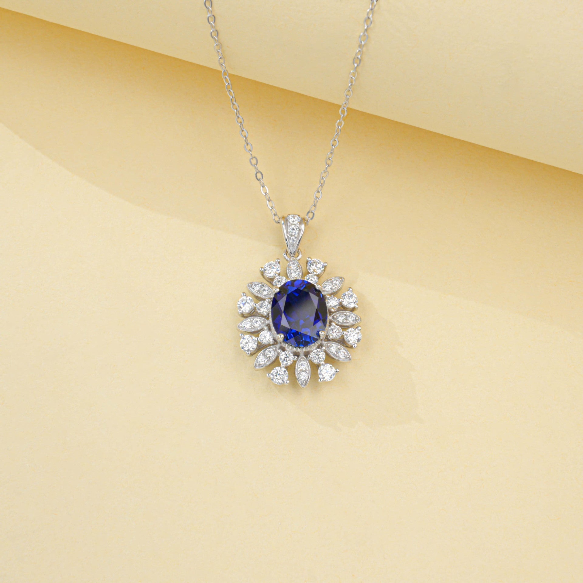 Luxurious Sapphire Halo Silver Choker, Sunflower Gemstone Pendant - Photo 1