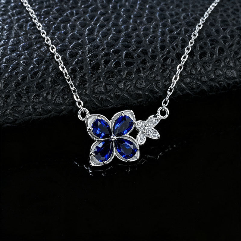 S925 Silver Lab Sapphire Four-Petal Flower Butterfly Necklace, Gemstone Versatile - Photo 2