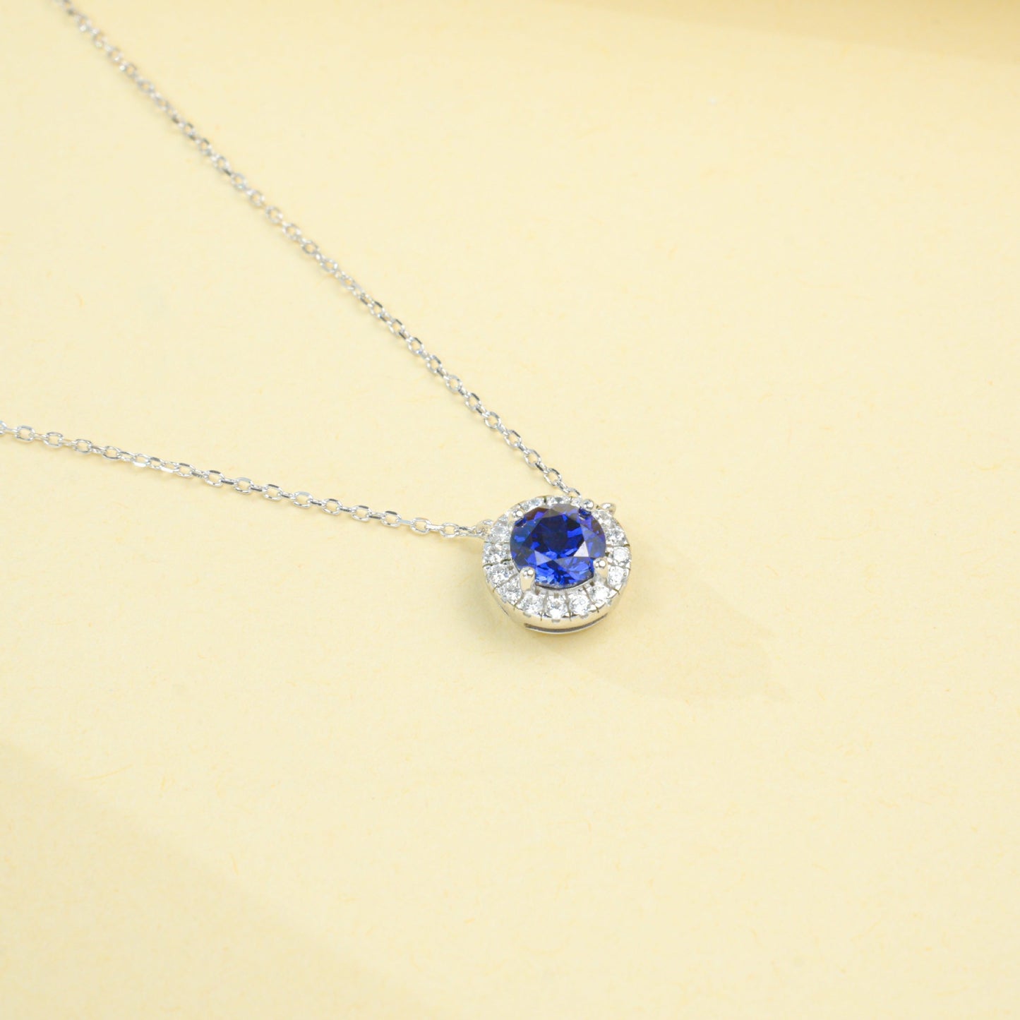 925 Sterling Silver Lab Sapphire Round Halo Pave Necklace, for Women - Photo 4