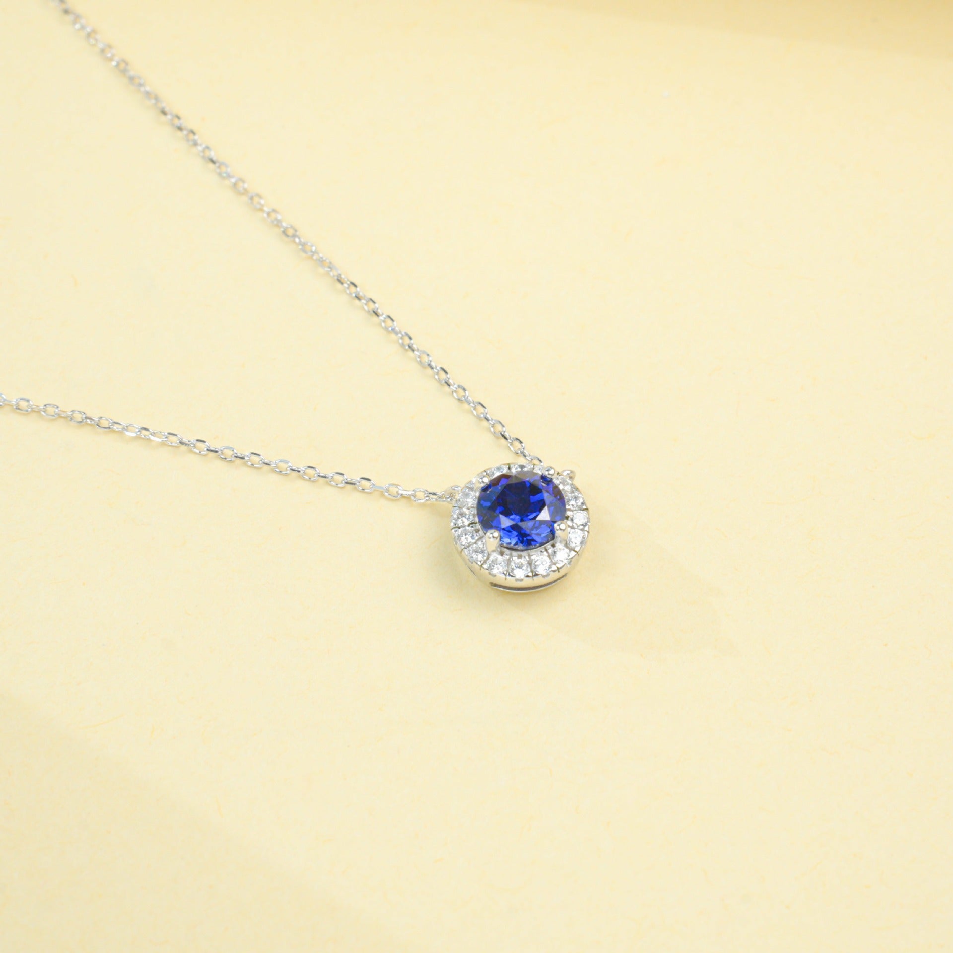 925 Sterling Silver Lab Sapphire Round Halo Pave Necklace, for Women - Photo 4