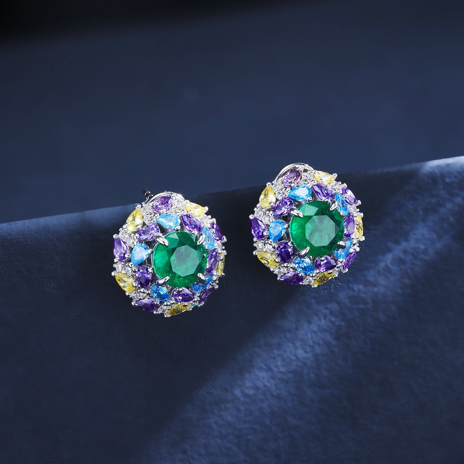 S925 Silver Lab Emerald Multicolor coloured Gemstone Halo Vintage Women's Earrings - Photo 4