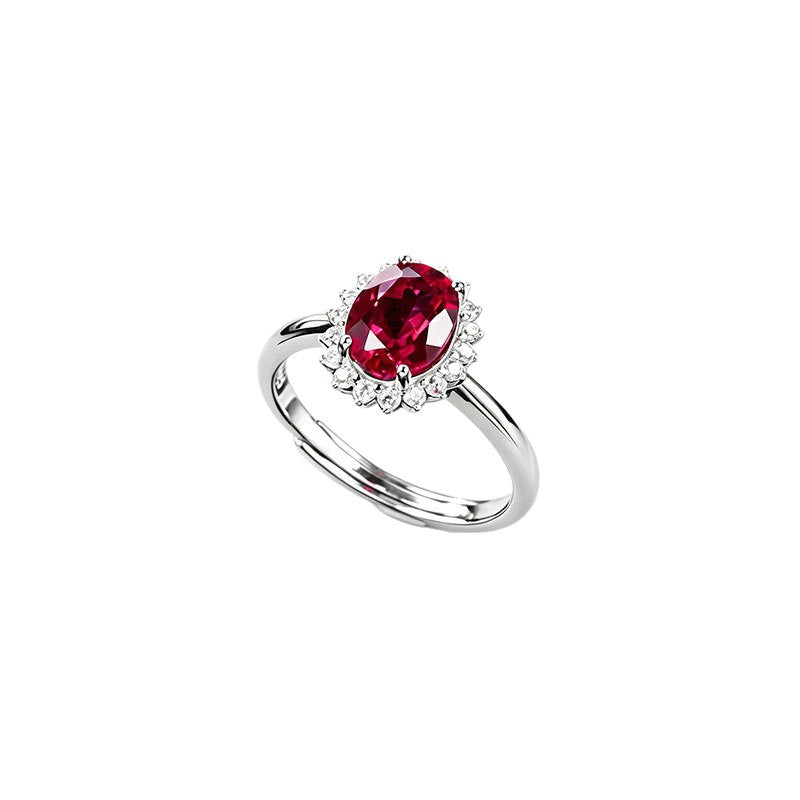 S925 Silver Lab Ruby Ring Sunflower Diamond Halo, Gift - Photo 5