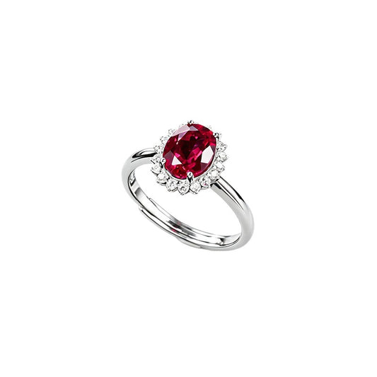 S925 Silver Lab Ruby Ring Sunflower Diamond Halo, Gift - Photo 5