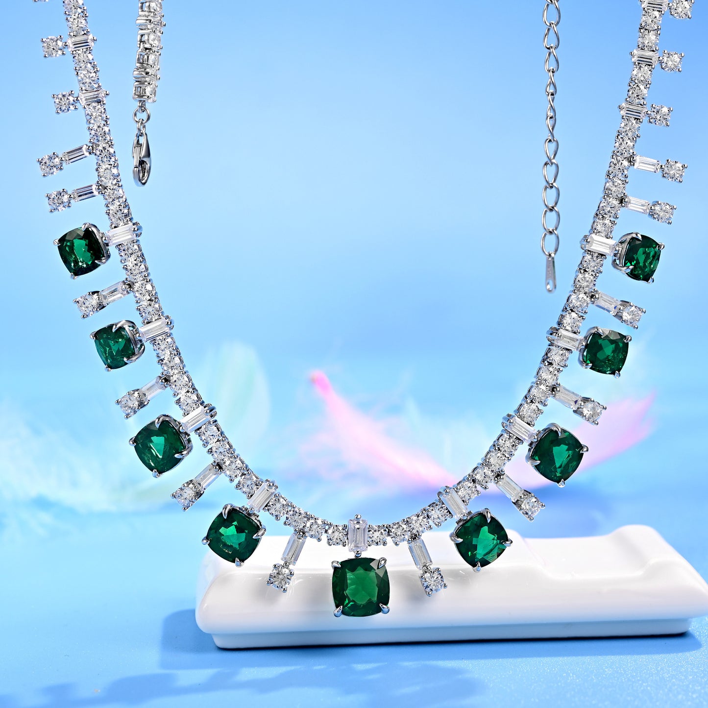 S925 Silver Lab Emerald Necklace Luxurious Princess Premium - Photo 4