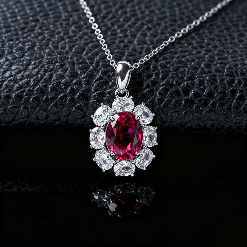 S925 Silver Oval Lab Ruby Sunflower Diamond Necklace - Photo 3