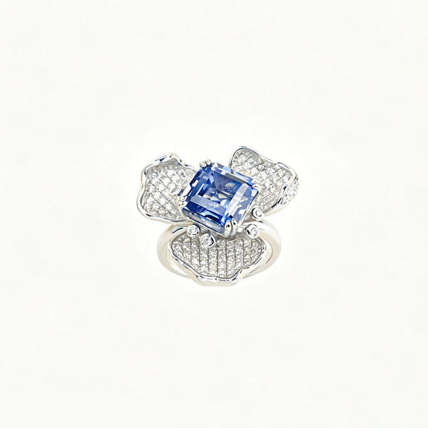 S925 Sterling Silver Lab Sapphire Flower Pave Ring, Premium Jewellery - Photo 1
