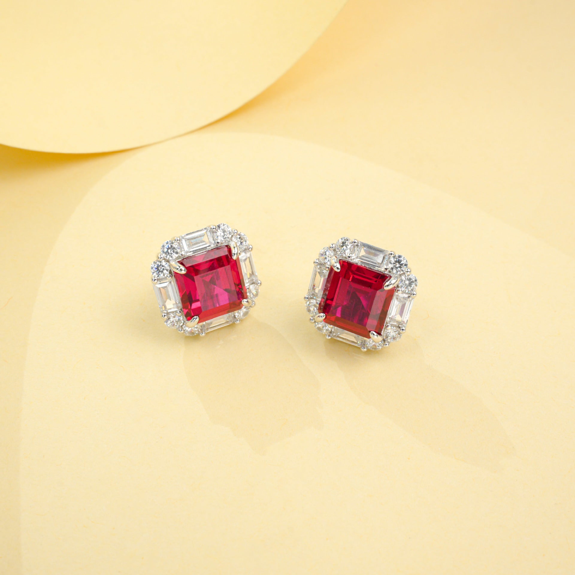 S925 Silver Lab Ruby Stud Earrings Full Diamond Halo, Anniversary Versatile Gift - Photo 2