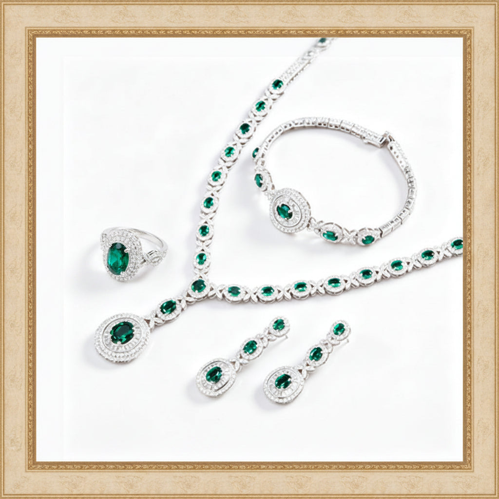 925 Sterling Silver Oval Lab Emerald 3-Piece Jewellery Set (Bracelet, Earrings, Necklace), Luxurious - Photo 1