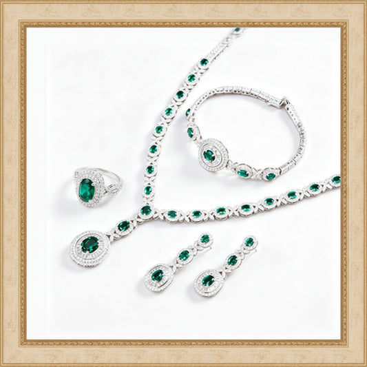 925 Sterling Silver Oval Lab Emerald 3-Piece Jewellery Set (Bracelet, Earrings, Necklace), Luxurious - Photo 1