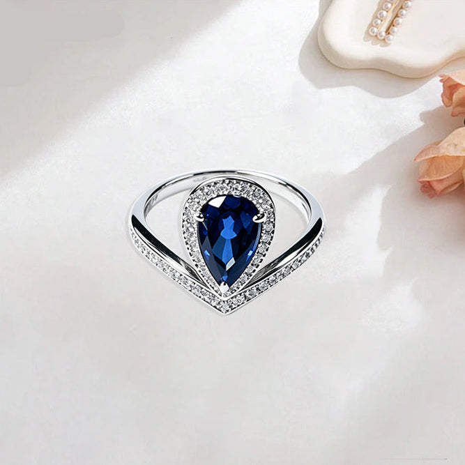 925 Sterling Silver Lab Sapphire Teardrop Ring, Premium Versatile - Photo 1