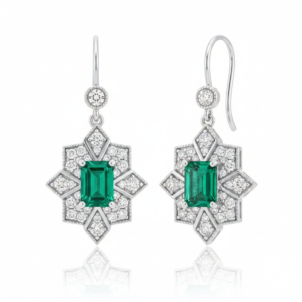 S925 Sterling Silver Vintage Emerald Drop Earrings, Geometric Earrings Premium - Photo 1