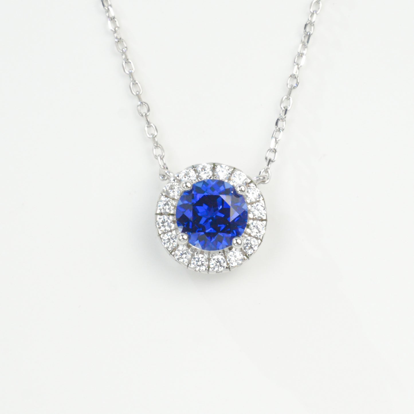 925 Sterling Silver Lab Sapphire Round Halo Pave Necklace, for Women - Photo 6