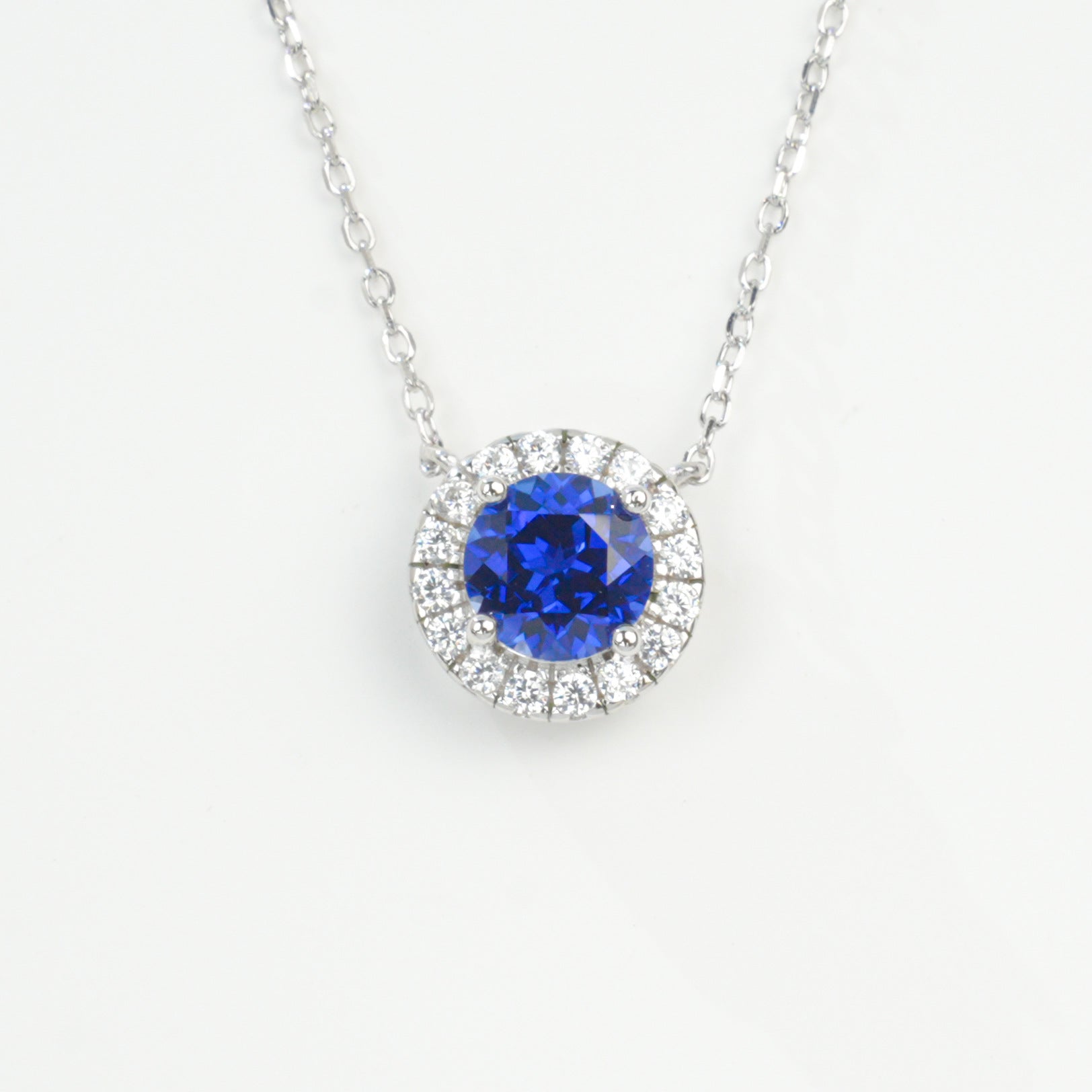 925 Sterling Silver Lab Sapphire Round Halo Pave Necklace, for Women - Photo 6
